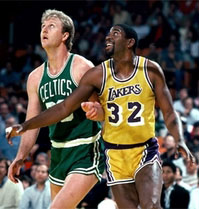 Larry Bird, Celtics, and Magic Johnson, Lakers